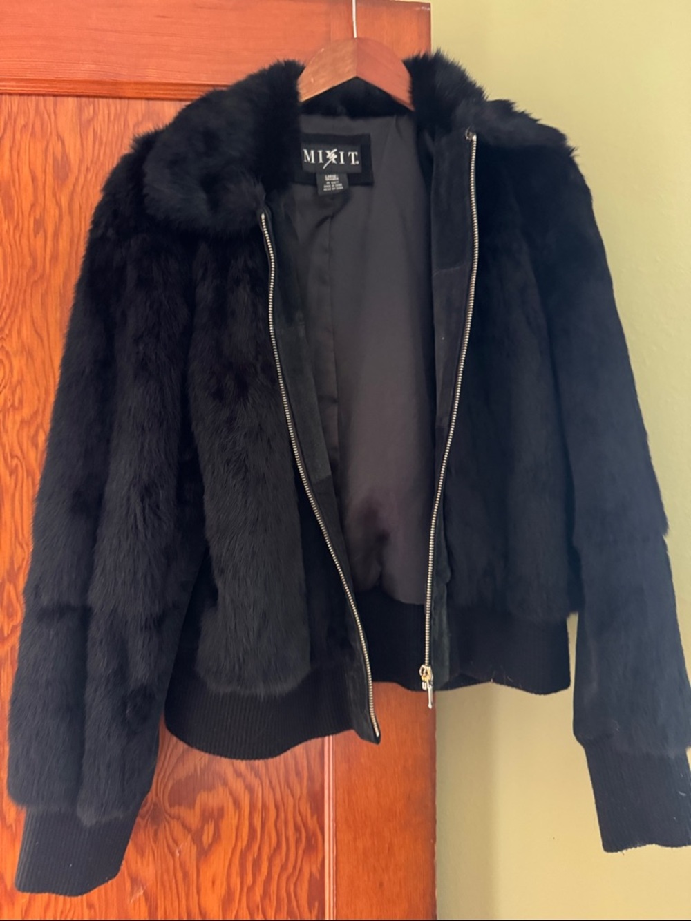 Mixit Black Faux Fur Bomber Jacket with Ribbed Hem